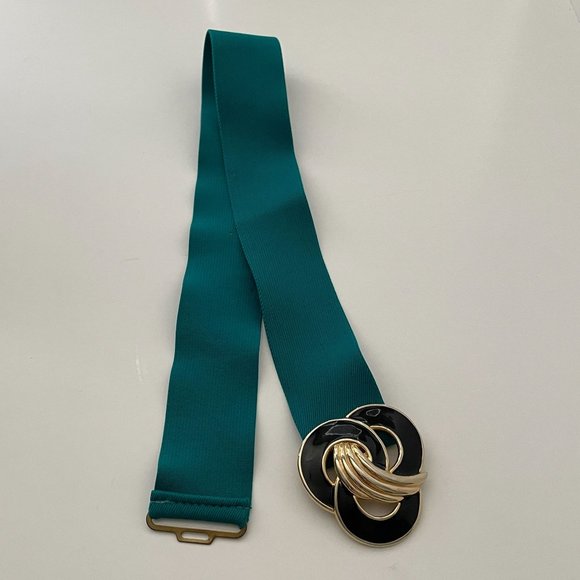 Vintage Day Lor Belt Green Elastic Stretch Gold Black Buckle Adjustable 1980s - Picture 8 of 15